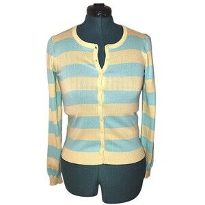 POOL Women's M Cotton Blue & Yellow Striped Preppy Girlyhood Cardigan Sweater